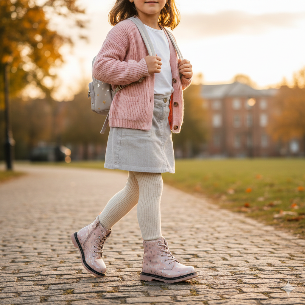 Paire de bottines enfant couleur rose clair avec imprimé cœurs et design élégant