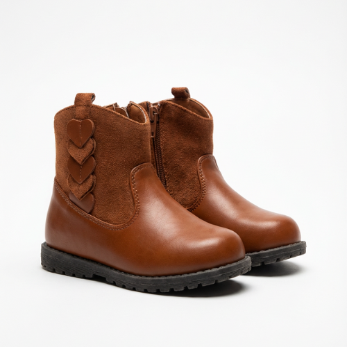 Bottine enfant marron en cuir avec empiècements en suédine et détails en forme de cœur sur le côté.