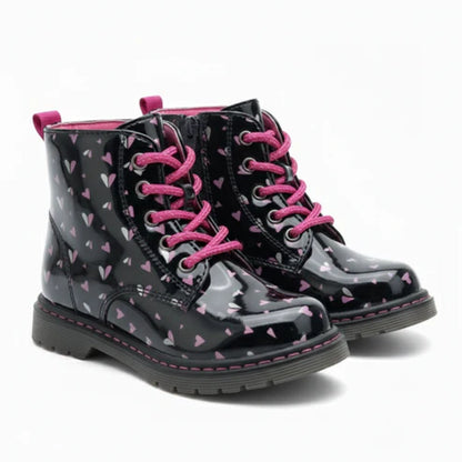 Bottines pour enfant noires avec motifs de cœurs roses et lacets roses
