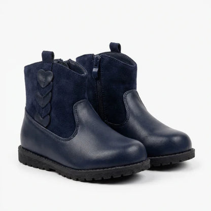 Paire de bottines enfant bleu marine, design élégant, zip latéral et semelle robuste.